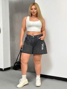 SHEIN Women Washed Detail High-Rise Plus Size Elastic Waist Denim Shorts - Dark Grey - View 5