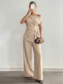 Siren Gaze Nuevo conjunto de top asimétrico de hombro y pantalones de decoración metálica - Albaricoque - Ver 5