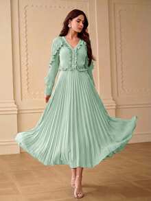 ZEYLAH Vestido midi con cuello en V, manga larga, volantes y pliegues - Verde Pastel - Ver 5