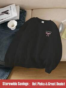 SHEIN 青少年女孩“寻找内心平静”蝴蝶结圆领运动衫 - 黑色 - 查看 1