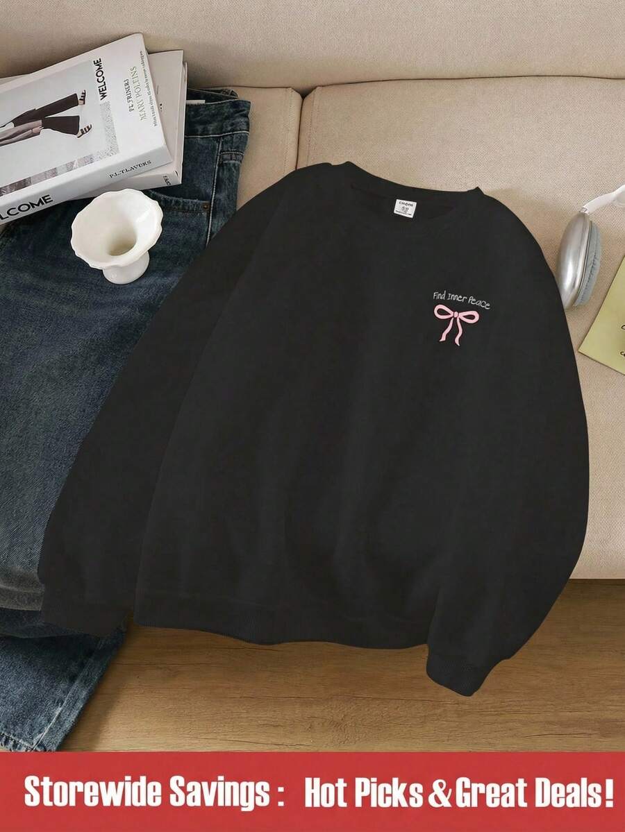 SHEIN 青少年女孩“寻找内心平静”蝴蝶结圆领运动衫 - 黑色 - 查看 1