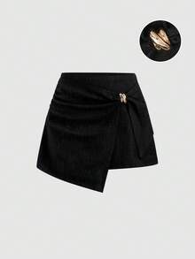 Sweetra Falda negra clásica, elegante y sexy para profesionales urbanos, con diseño ajustado de línea A, textura de tela de verano, decoración de hebilla de metal y bajo asimétrico, de estilo francés versátil y elegante - Negro - Ver 1