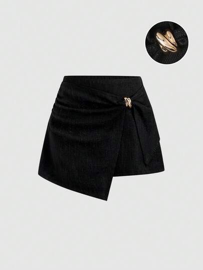 Sweetra Váy kiểu Pháp thanh lịch, đa năng, dáng chữ A ôm sát, chất liệu vải có họa tiết, khóa kim loại trang trí, vạt váy bất đối xứng, phong cách công sở thành thị, cổ điển, màu đen quyến rũ dành cho nữ.