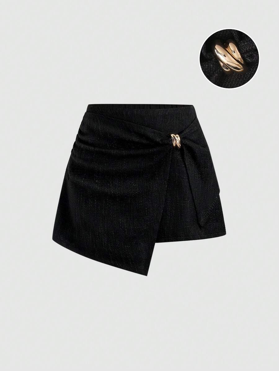 Sweetra Falda negra clásica, elegante y sexy para profesionales urbanos, con diseño ajustado de línea A, textura de tela de verano, decoración de hebilla de metal y bajo asimétrico, de estilo francés versátil y elegante - Negro - Ver 1