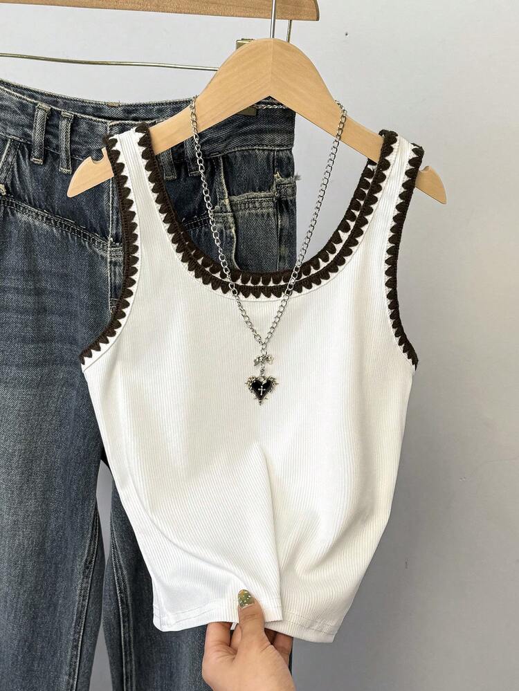 SHEIN Áo tank top phối viền tương phản phong cách thường ngày dành cho bé gái tuổi teen - trắng - Xem 3