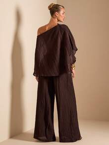 SHEIN BAE Apricot Asymmetric Shoulder Textured Poncho Top & Wide Leg Pants 2 Pieces Set, Suitable For Outings, Vacation, Beach, Textured 2 Pieces Set - Apricot - View 2