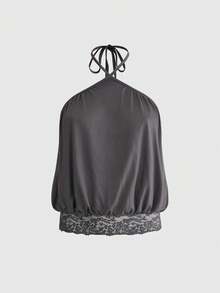 ROMWE Vintage Contrast Lace Loose Backless Camisole Top, Plus Size - Grey - View 1
