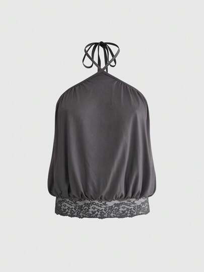 ROMWE Avant Áo hai dây hở lưng dáng rộng phối ren tương phản cổ điển, cỡ lớn.