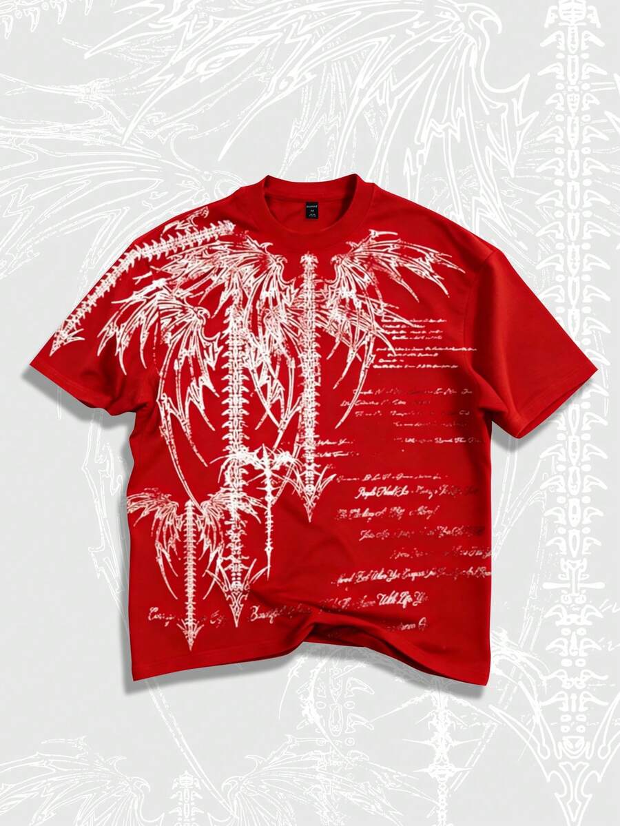 ROMWE MEN Goth All-Over Print Red Casual Round Neck Short Sleeve T-Shirt, Summer - Red - View 1