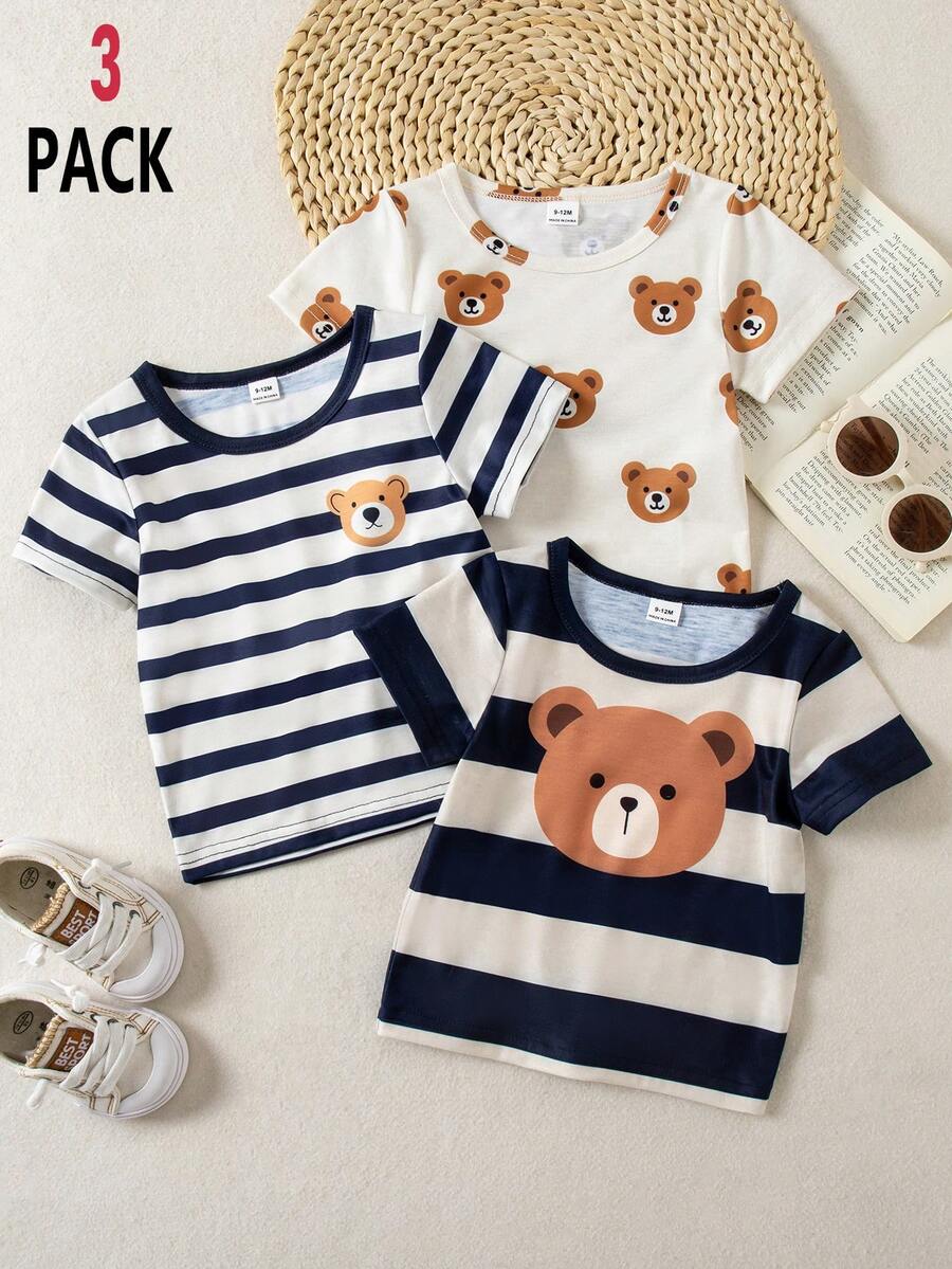 SHEIN Playful Pals Bộ đồ dệt kim 3 món họa tiết khủng long cho bé, áo thun ngắn tay, thích hợp cho mùa xuân/hè. - Màu Khaki - Xem 1