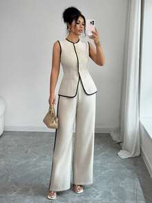 Rafferiza Women's Elegant Casual Contrast Trim 2 Pieces Set Elegant Black And White Contrast-Stitched Summer Two-Piece Set. - Apricot - View 6