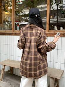 DAZY 女士格子印花纽扣长袖休闲衬衫 - 棕色 - 查看 4