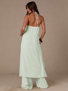 SHEIN BAE Set casual da donna per vacanze, composto da top verde con decorazione in resina a cerchio e pantaloni lunghi ampi, adatto per vacanze casual, spiaggia, uso quotidiano, pendolarismo, vacanze, spiaggia, set comodo, completo verde - Verde - Visualizzare 2