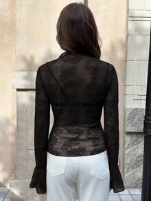 SHEIN Clasi Women's Solid Color Round Neck Long Sleeve Lace Sexy Fitted Top - Black - View 2