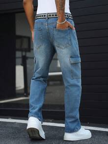 Manfinity EMRG 休闲水洗蓝色宽松直筒工装牛仔裤，带大口袋，春夏款 - 藍色 - 查看 2