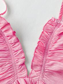 Sweetra 夏季新款度假优雅性感沙滩连衣裙，纹理面料，深V领荷叶边吊带，收腰显瘦 - 西瓜粉 - 查看 5