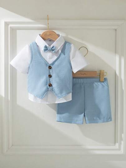 Souflis Souflis 3pcs Baby's First Mother's Day Set: Light Blue Sleeveless Vest, Bow Tie, And Matching Light Blue Shorts. Suitable For Baby Boy Occasions Such As Small Weddings And Baby Boy Concerts.