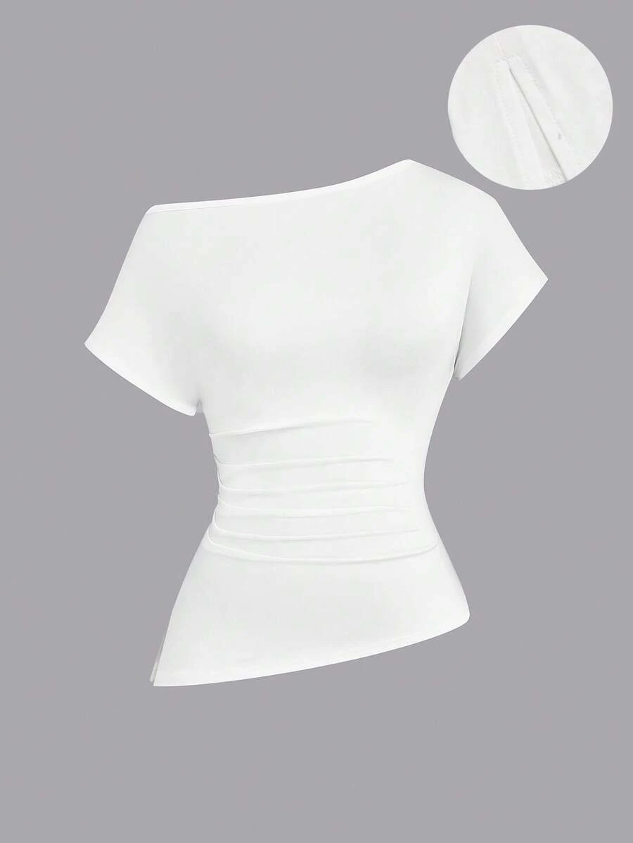 SHEIN CURVE+ 大码女式纯色褶皱修身休闲短袖T恤 - 白色 - 查看 1