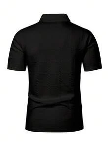 Manfinity Homme Plus Size Men's Black Summer Casual Smart Asymmetric Plaid Jacquard Polo Shirt, Short Sleeve Button Up Collared Top, Old Money City Break Streetwear Men - Black - View 2