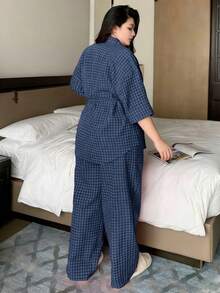 Dazy Plus Conjunto de pijama con cordón estilo tartán, apto para todas las estaciones - Azul Marino - Ver 2