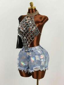 Quần short denim nữ thời trang rách dáng ôm, đa năng cho mùa hè. - Màu xanh lam - Xem 4