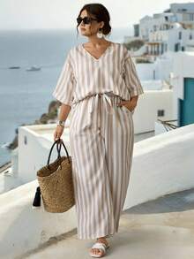 Parysyn 大码梭织休闲度假条纹夏季两件套 女士条纹两件套 女士休闲两件套 女士夏季家居服套装 女士裤装两件套 夏季度假套装 女士夏季套装 女士夏季套装 女士度假套装 女士度假套装 两件套休闲套装 女士夏季套装 希腊度假套装 女士两件套休闲装 - 卡其色 - 查看 4