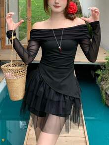 K-Vae 1 Set Soft Mesh Solid Color Off-Shoulder Long Sleeve Cinched Waist Top And Layered Ruffle Mini Skirt, Minimalist Aesthetic 2-Piece Set - Black - View 5