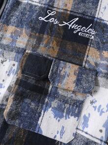 Manfinity Roghcode Vintage Distressed Plaid Shirt For Men,Boxy Zip-Front Short Sleeve Shirt,Utility Pockets,Retro Workwear,Navy Blue,Summer,Streetwear,City Break,Woven - Blue - View 3