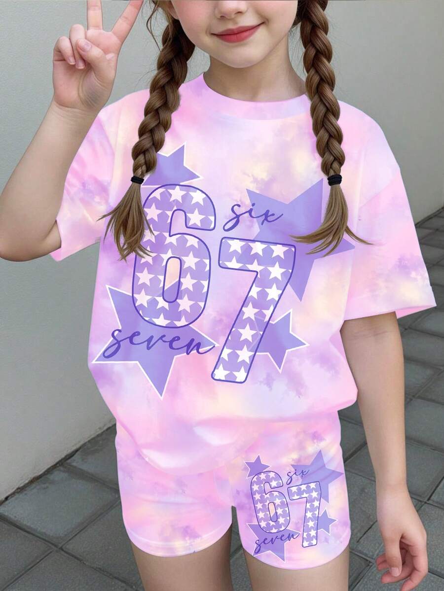 2件套少女休闲扎染星星印花67号短袖T恤和短裤套装，夏季 - 彩色 - 查看 1