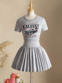 Bộ áo thun ngắn tay in họa tiết và chân váy cho bé gái tuổi teen. - Xám - Xem 8