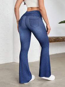 Flexra Women's Casual Washed Slim Fit Flare Jeans With Belt - Blue - View 2