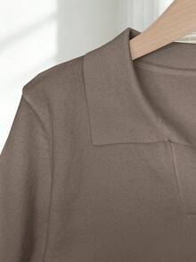Franclia Women's Simple Solid Color Turndown Collar Short Sleeve Casual Fitted Knit Top, Versatile For Spring/Summer - Khaki - View 4