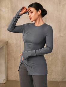 Graceveil Women's Elegant Gray Autumn Long Sleeve T-Shirt,Ruched Pleated Split Hem Ribbed Top,Casual Solid Thermal Clothes For Brunch,Winter Longline Jersey - Grey - View 3