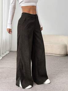 SHEIN Unity Calça Palazzo Feminina Casual, Corte Reto e Solto com Fenda Lateral, em Veludo Cotelê Leve, Ideal para o Verão. - Castanho Café - Ver 4