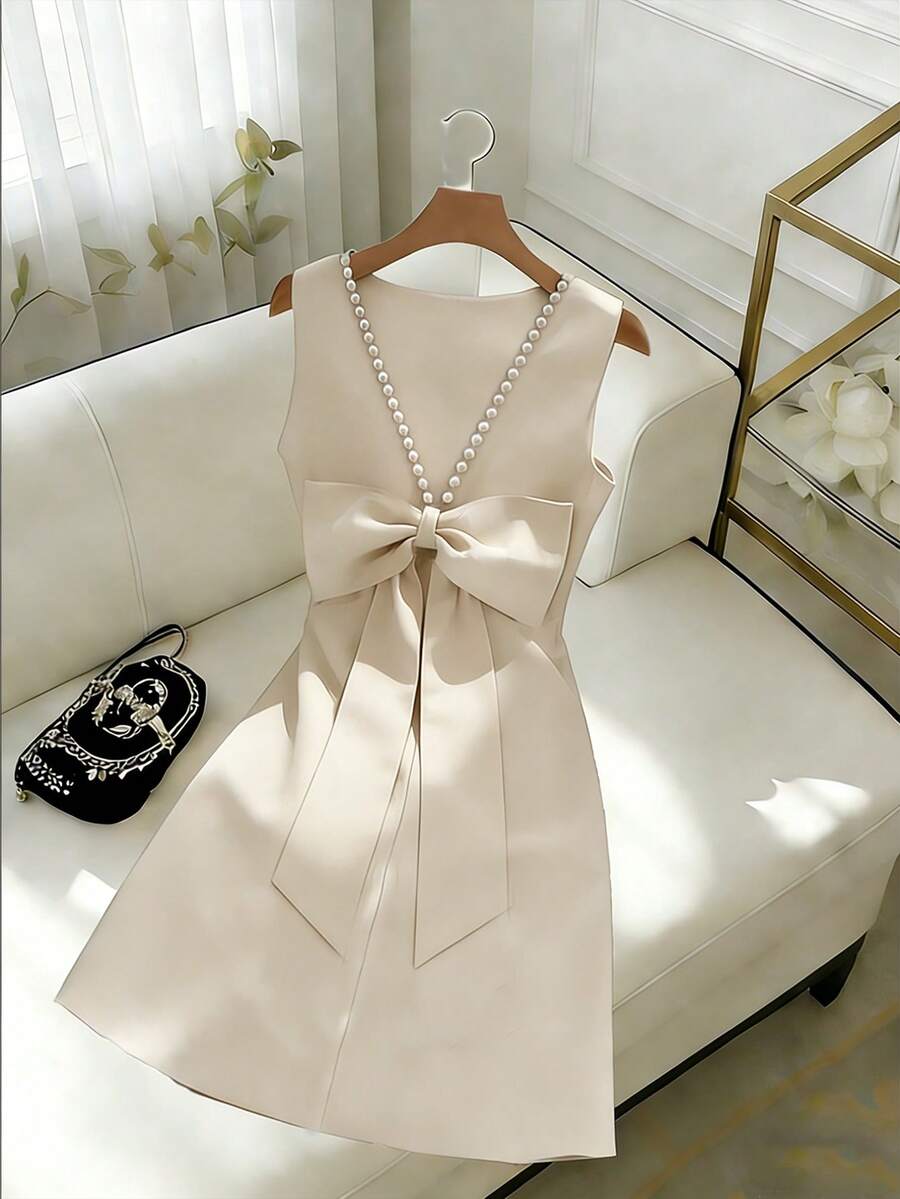 GlowEve Women's Red Backless Beaded Bow Decor Sleeveless Dress - Apricot - View 1