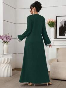 Al Najma Embroidered Loose Elegant Long Sleeve Turkish & Arabic Traditional Maxi Dress For Women - Dark Green - View 2
