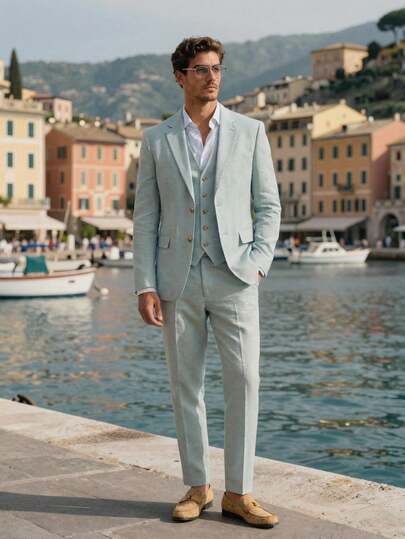 HIMLAND 男士三件套修身休闲西装背心套装，适合春秋季办公室穿着