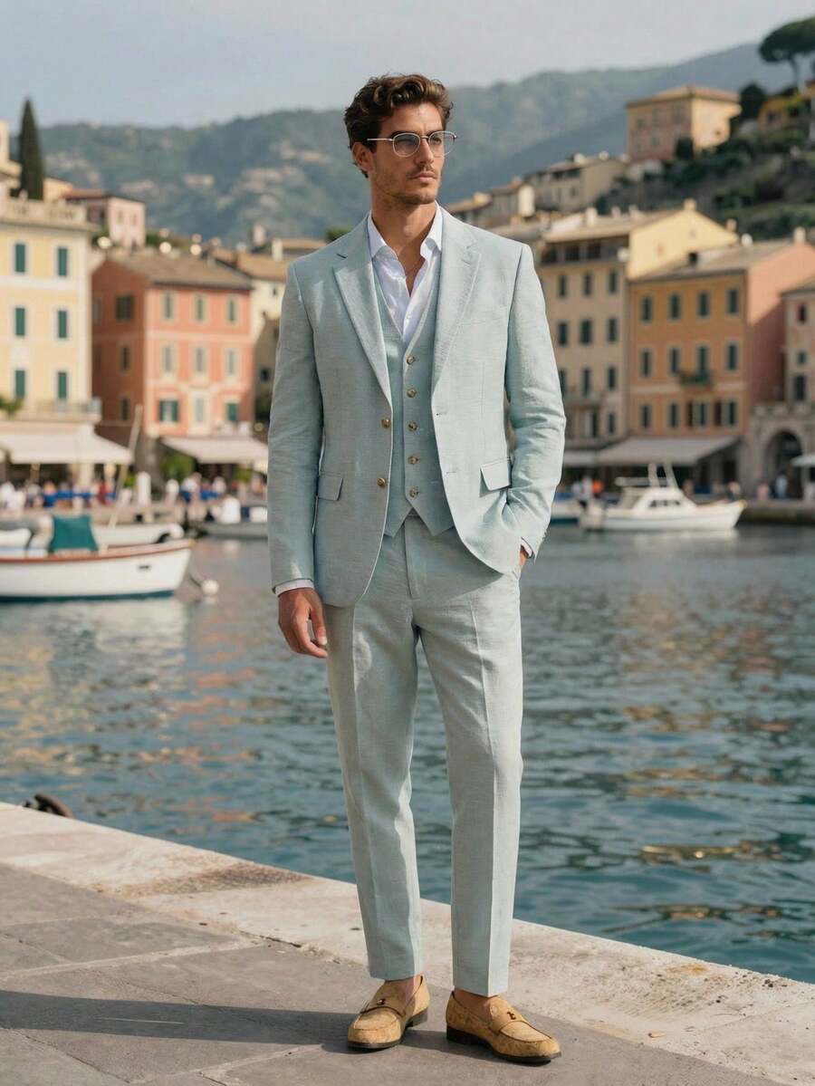 HIMLAND Bộ vest công sở 3 món dáng ôm vừa vặn dành cho nam giới, thích hợp mặc đi làm vào mùa xuân và mùa thu.