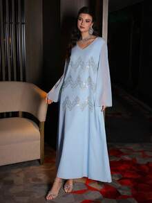 Al Najma Middle Eastern Arabic Style Loose Fit Long Dress, V-Neck Front Panel With Light Blue Beaded Embroidery, Traditional Robe Night Autumn Modest - Blue - View 5