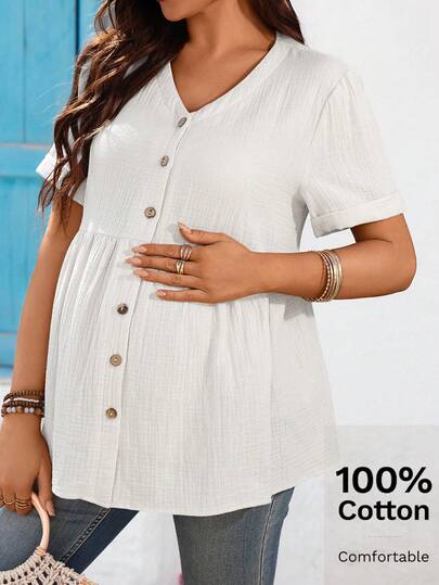 SHEIN Áo thun ngắn tay cổ chữ V màu trơn dành cho bà bầu