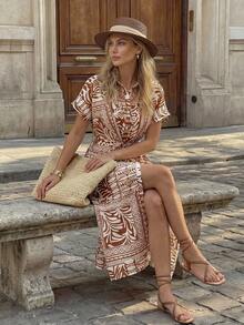 Hansera Vestido casual de manga corta con estampado francés todo sobre para mujer - Marrón - Ver 5