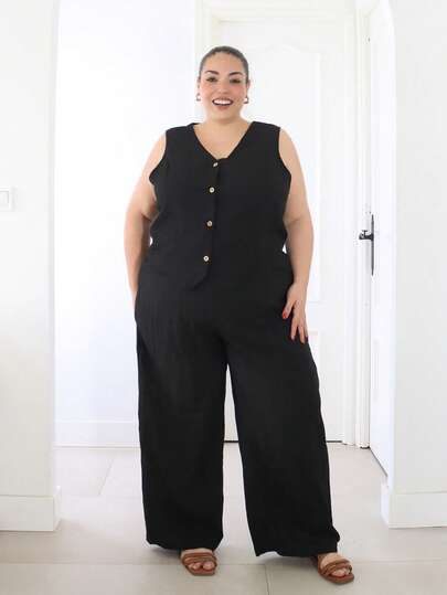 Pretty and Ole 大码夏季通勤V领背心和直筒裤套装