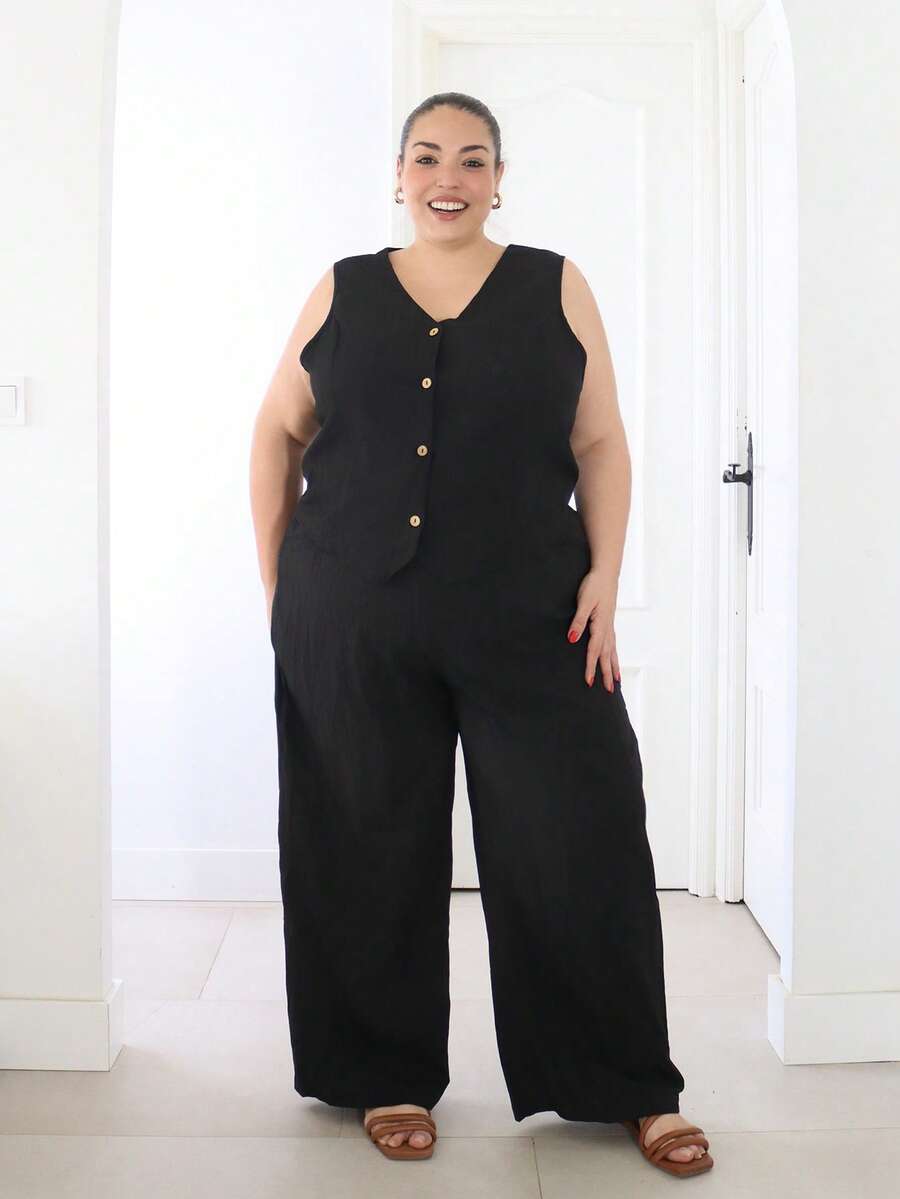 Pretty and Ole Plus Size Summer Commuter V-Neck Vest And Straight-Leg Pants Set,Business Casual Woman,Teacher Outfits For Women Spring - Black - View 1