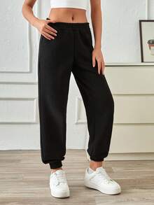 SHEIN PETITE Women Cotton Solid Elastic Waist Sweatpants - Black - View 3
