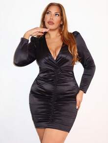 MelDlgn Modisches, sexy, gerafftes Bodycon-Kleid in Große Größen für Partys - Schwarz - Übersicht 6