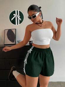 POPSWAY Plus Size Women Side Stripe Bow Decor Casual Shorts - Army Green - View 1