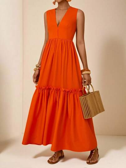 Vesra Sleeveless V-Neck Orange Layered Pleated Patchwork Dress, Elegant Vacation Style, Flattering For Summer