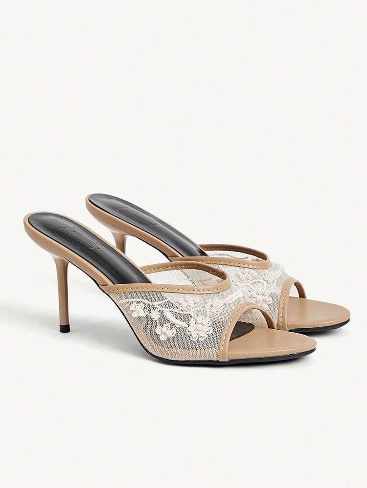 CUCCOO CHICEST Women Shoes Summer New Embroidery Beaded Round Toe Thin Heel High Heel Elegant Temperament Fashion Mesh Women's High Heel Sandals Dew Heel Slippers Elegant Temperament Fashion Wedding Valentine's Day Tea Elegant Wear Summer Shoes Wedding Shoes Bride Shoes