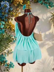 Amplova 女士雪纺两件套：露背吊带上衣，不对称下摆，双层飘逸荷叶边，搭配迷你裙，性感前卫，适合度假穿着。 - 水鴨藍 - 查看 14