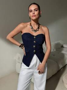 Lavishia Women's Elegant Front Button Bandeau Top, Summer - Black - View 3